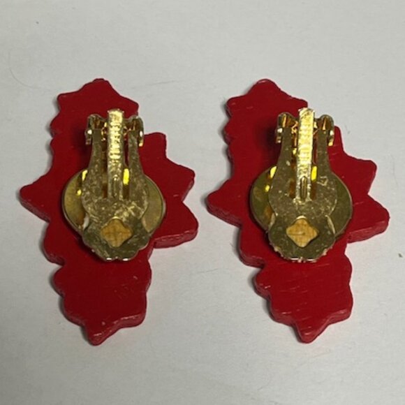 VTG Jeff Lieb Holiday Poinsettia Wooden Clip On Earrings Christmas1.75"x1" - Picture 9 of 14